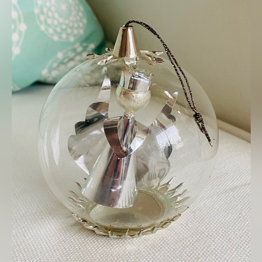 Vtg RESL LENZ Germany Angel Silver Foil Glass Spinner Diorama Christmas Ornament